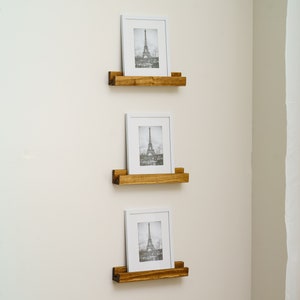 Set of 3 Short Wooden Floating Display Shelves for Picture Frames, Art, Photos, Prints, Free Shipping, Modern Farmhouse Shelf, Keyhole Mount
