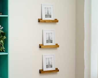 Set of 3 Short Wooden Floating Display Shelves for Picture Frames, Art, Photos, Prints, Free Shipping, Modern Farmhouse Shelf, Keyhole Mount