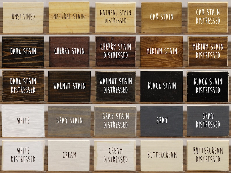 May include: A collection of 18 wood samples stained in various colors, including natural, cherry, walnut, black, gray, white, and cream. Some samples are distressed, while others are not. The samples are arranged in rows and columns on a white background.
