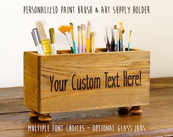 Engraved, Personalized Custom Wooden Brush & Art Caddy / Holder - 3 Slot Desk Organizer, Gift for Artist, Office Storage, Paintbrush Holder
