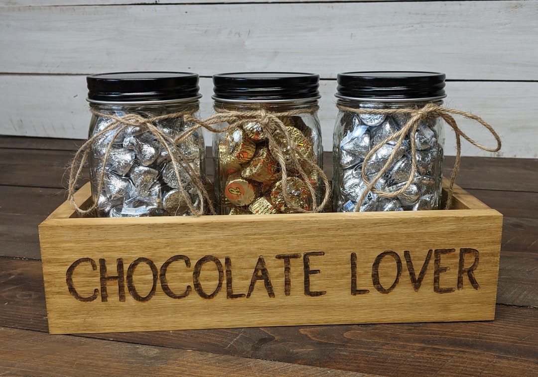 Chocolate Lover Engraved Wooden Candy Bar Box W/ Mason Jars for Candy