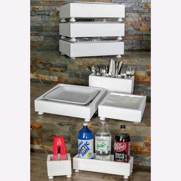Complete Event Pack of Utensil / Silverware Holder, Plate Holder, Napkin Holder, 3 Buffet Pan Holders, Party Cup Holder, Drink Caddy Server