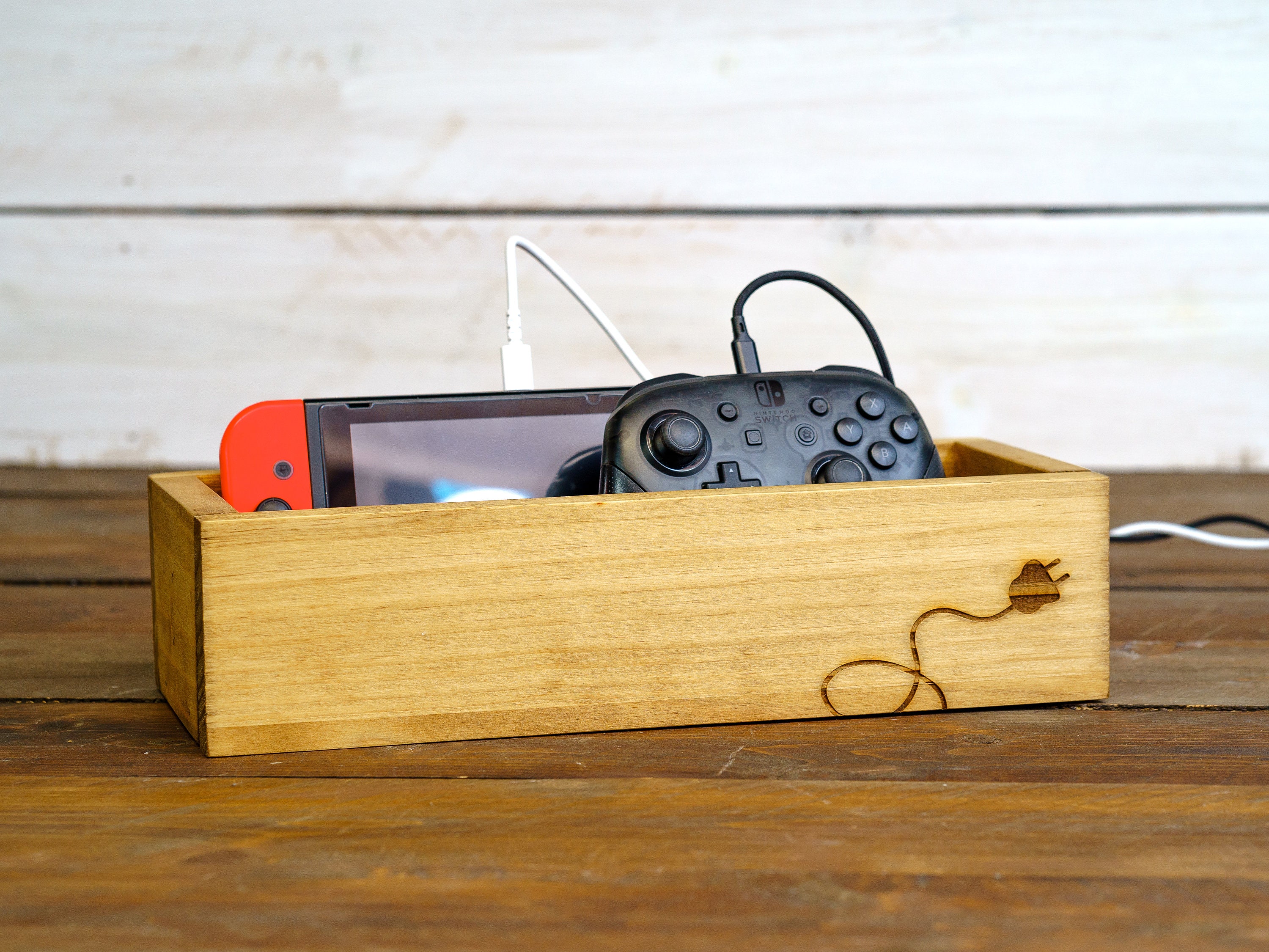Wooden Phone Charging Unplug Box With Engraved Cord, Holds Kindle ...
