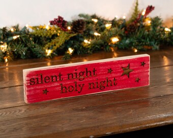 Rustic Engraved "Silent Night Holy Night" with Stars Wooden Sign ~ Vintage-Style Distressed Farmhouse Christmas Decor Sign for Wall or Shelf