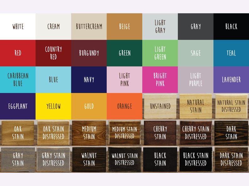 May include: A color chart featuring a variety of hues, including white, red, and blue, with each color displayed in a labeled rectangular block. The chart also includes various wood stain options.