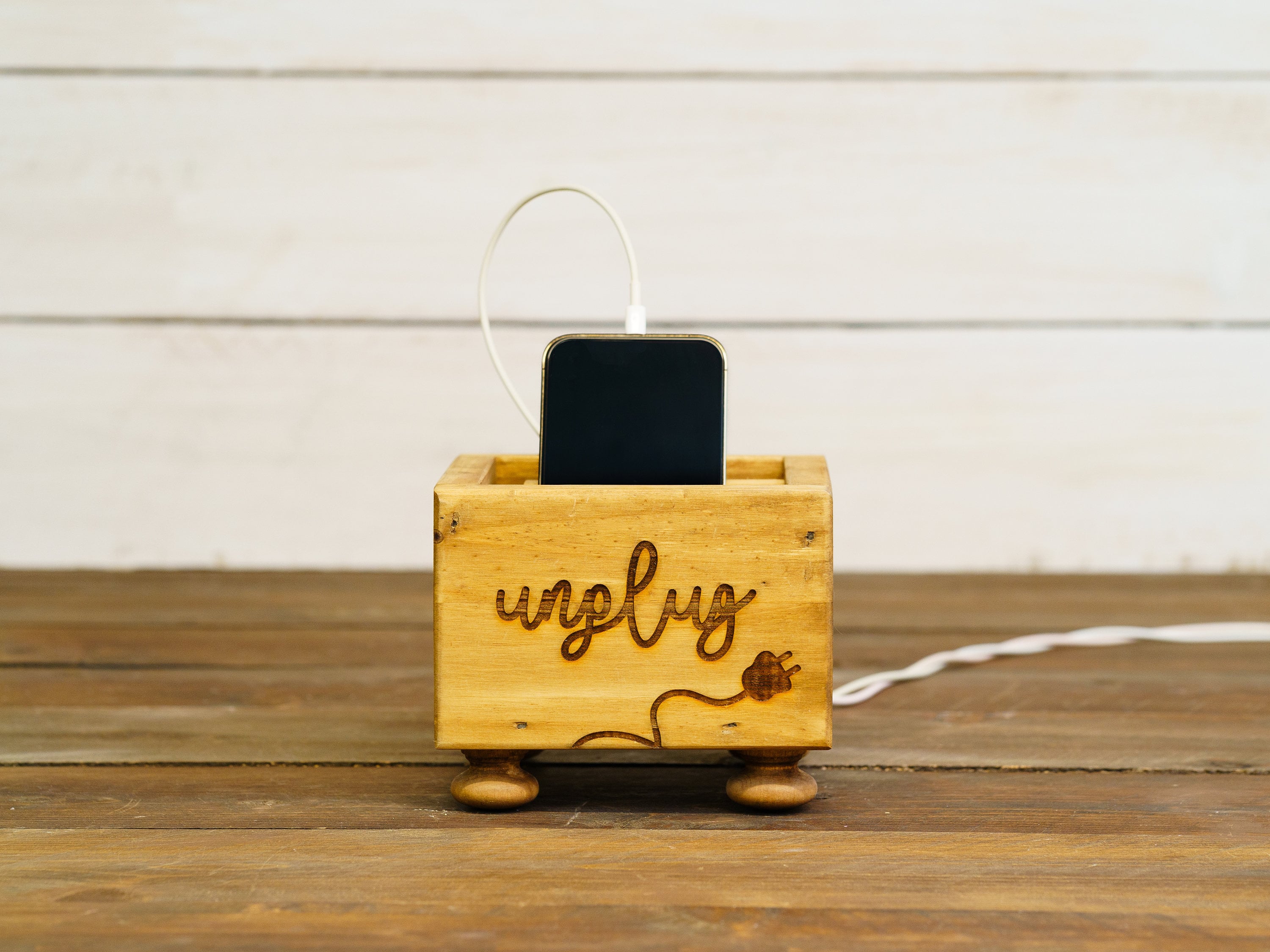 Handmade Gift Engraved Unplug Wooden Phone Charging Box, Holds Iphone ...