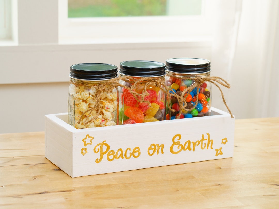 Handmade peace on Earth Wooden Candy Bar Box 3 Mason Jars Set for Candy