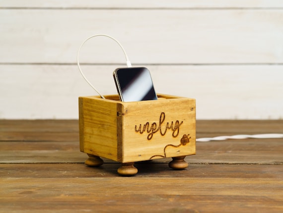 Small Engraved Unplug Wooden Phone Charging Box, Holds iPhone, Android, TV Remote Control ~ TV Room Storage, Nightstand, Desk Phone Display