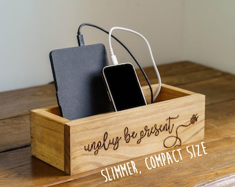 Engraved Space Saver, Slim "Unplug Be Present" Wooden Phone Charging Box, Holds Kindle, iPhone, Android, Tablet, iPad, Remote Control Holder