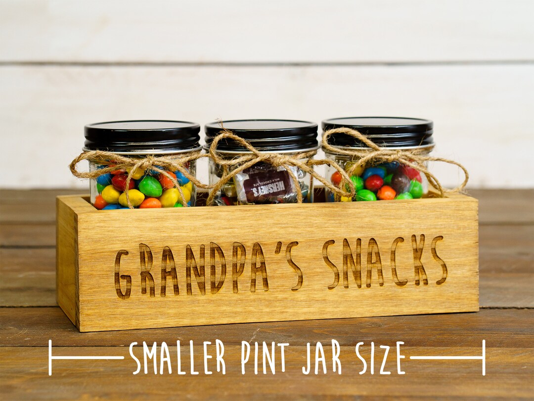 Engraved Small grandpa's Snacks Wooden Candy Bar Box W/ Pint Mason Jars