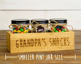 Engraved Small "Grandpa's Snacks" Wooden Gift for Grandfather Box w/ Pint Mason Jars for Candy, Popcorn, Treats - Snack Box, Kitchen Storage