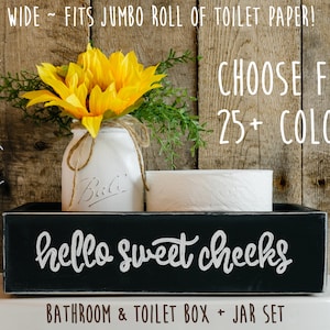 Extra Wide Rustic Hello Sweet Cheeks Toilet Box w/ Distressing, Farmhouse Bathroom Storage, Jar + Flowers, Jumbo Toilet Paper Holder