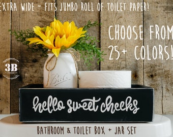 Extra Wide Rustic Hello Sweet Cheeks Toilet Box w/ Distressing, Farmhouse Bathroom Storage, Jar + Flowers, Jumbo Toilet Paper Holder