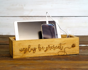 Engraved Unplug Be Present Wooden Phone Charging Box, Holds Kindle, iPhone, Android, Tablet, iPad, Switch, Xbox, PS4, PS5, Game Controllers