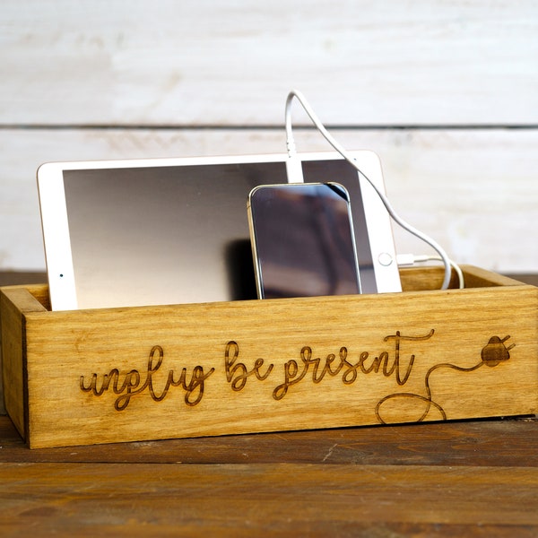 Engraved Unplug Be Present Wooden Phone Charging Box, Holds Kindle, iPhone, Android, Tablet, iPad, Switch, Xbox, PS4, PS5, Game Controllers