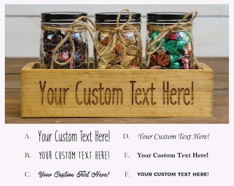 Personalized Engraved Three Jar Box / Custom Text Wooden Box + Jars for Candy, Treats, Coffee, Cocoa / Handmade Centerpiece, Kitchen Storage