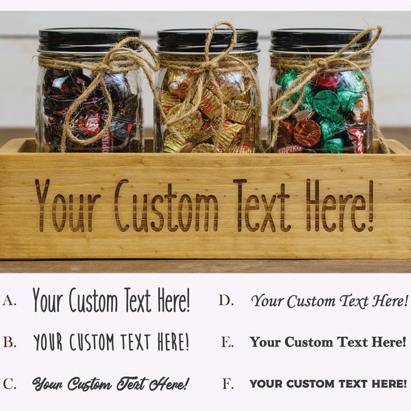 Personalized Engraved Three Jar Box / Custom Text Wooden Box + Jars for Candy, Treats, Coffee, Cocoa / Handmade Centerpiece, Kitchen Storage