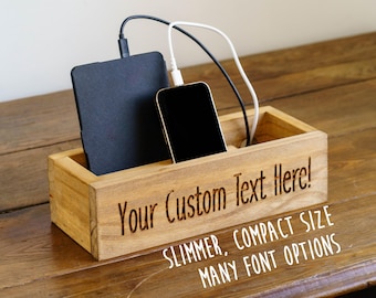 Personalized Engraved Custom Text Space Saver, Slim Wooden Phone Charging Box, Holds Kindle, iPhone, Android, Tablet, iPad, Remote Control