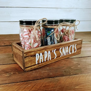 Special "Papa's Snacks" Wooden Candy Bar Box w/ Mason Jars for Candy, Popcorn, Treats - Fun Gift - Farmhouse Kitchen Storage