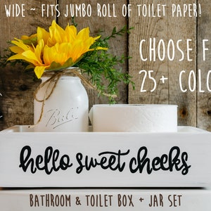 Hello Sweet Cheeks Jumbo Toilet Paper Holder, Farmhouse Bathroom Decor + Jar & Sunflowers, Cute Bathroom Storage Box, Funny Toilet Box