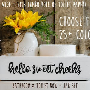 Hello Sweet Cheeks Jumbo Toilet Paper Holder, Farmhouse Bathroom Decor + Jar & Sunflowers, Cute Bathroom Storage Box, Funny Toilet Box