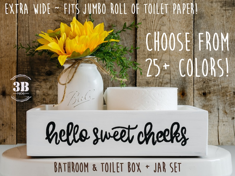 Hello Sweet Cheeks Jumbo Toilet Paper Holder, Farmhouse Bathroom Decor Jar & Sunflowers, Cute Bathroom Storage Box, Funny Toilet Box image 1