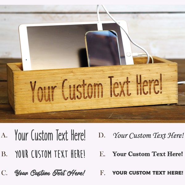 Personalized Engraved Custom Text Wooden Phone Charging Box, Holds Kindle, iPhone, Android, iPad, Switch, Xbox, PS4, PS5, Game Controllers