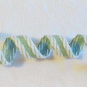 May include: A close-up of a green and white twisted ribbon. The ribbon has a textured, woven design.