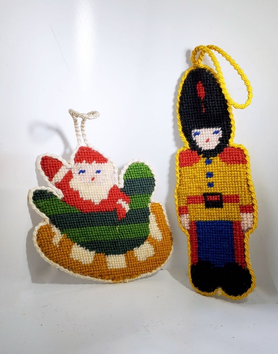 Soldier and Santa Vintage Needlepoint Christmas Ornaments Etsy