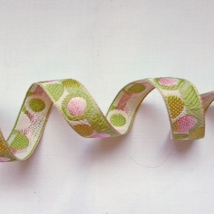 1/2&quot; Pastel Line and Dots Woven Jacquard Reversible  Ribbon Lime Green Pink and White Made in France Renaissance RIB30104