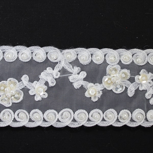 1980s White Ivory Corded Beaded Sequin Organza Floral Trim 2 1/2" wide -sold by the yard