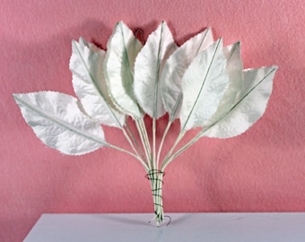 White Millinery Spray  2 1/4" Satin/Taffeta Corsage leaves from the 1950s FLO802