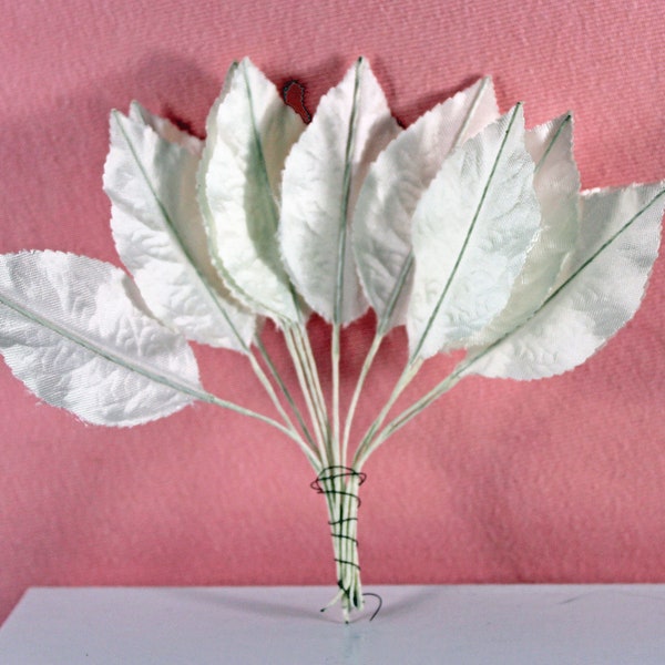 White Millinery Spray  2 1/4" Satin/Taffeta Corsage leaves from the 1950s FLO802