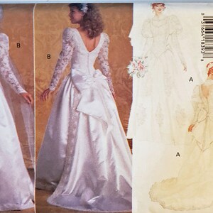 May include: A vintage sewing pattern for a wedding dress. The pattern includes three different styles: a dress with a lace bodice and a full skirt, a dress with a lace bodice and a bow at the back, and a dress with a lace bodice and a train. The pattern is from Butterick and is size 6-8-10.
