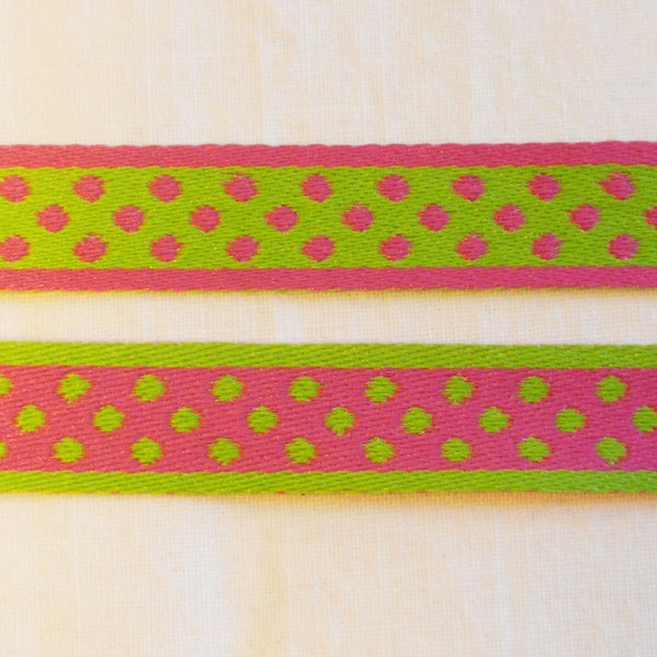 1/2"  Green Pink Polka Dot Ribbon by the yard Reversible Polyester Jacquard -Great for Hair Ribbons!  Made in France Renaissance RIB33110