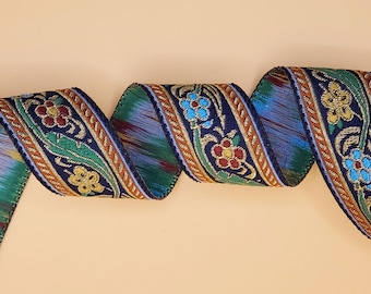 Midnight Blue Jacquard Floral Trim 1" wide, Metallic Gold and multi colored flowers-For clothing, costumes, crafts and millinery, LAT12703
