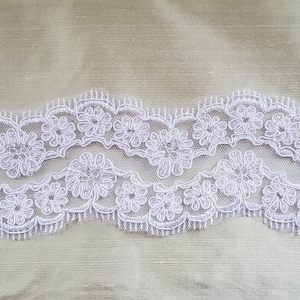 White Eyelash Corded Bridal Lace Double Edge Scallop Floral Design on Tulle  3" wide  Sold by the Yard LAT15910