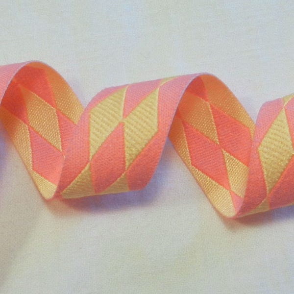 Reversible Ribbon Pink & Buttercup Yellow Diamond 5/8" Wide By the yard Made in France For Clothing, Hats, or Baby Renaissance RIB04606