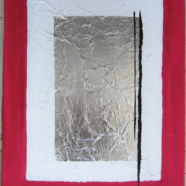 Tableau / peinture / Toile contemporain rouge, blanc et argenté