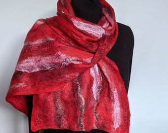 Felted scarf,  wool and silk scarf, nuno felted scarf, red, wrap, shawl, gift for her, thin, warm