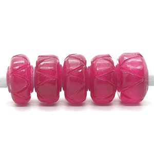 5Pc Lot, Pink Magenta Jade Gemstone European Style Large Hole Beads,Rondelle Hand Carved Jade Beads,Smooth Jade Carved Beads,5MM Hole,14X8MM