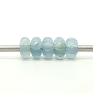 5Pcs Lot, Aqua Blue Jade Gemstone European Style Large Hole Beads, Rondelle Pumpkin Beads, Carved  Aqua Jade Gemstone Bead, 5MM Hole, 14X8MM