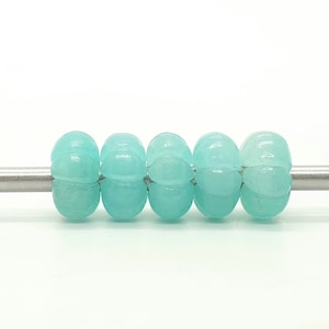 5Pcs Lot, Aqua Jade Gemstone European Style Large Hole Beads, Rondelle Pumpkin Beads, Carved Aqua Jade Gemstone Bead, 5MM Hole, 14X8MM
