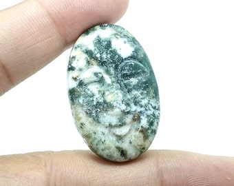 Scultura in pietra preziosa di agata di muschio naturale, gemma di agata di muschio di qualità AAA +, gemma di agata di muschio intagliata a mano di forma ovale, 34x18MM
