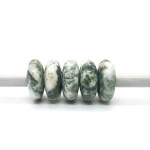 5 Pcs Lot, Natural Moss Agate Gemstone European Style Large Hole Beads, Rondelle Smooth Moss Agate Beads, 5MM Hole Moss Agate Beads, 14X8MM