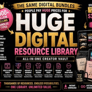 以下が含まれることがあります： デジタルリソースライブラリのプロモーション用グラフィック。画像には、「Huge Digital Resource Library」や「1000+ Million Selling Bundles Types」などの金と白のテキストが表示されています。プランナー、テンプレート、ビデオアセットなどのさまざまなデジタル製品を紹介しています。