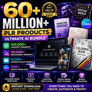 May include: A digital marketing bundle featuring a laptop and smartphone displaying AI interfaces, surrounded by various planners and guides including a coloring book, social media planner, and marketing strategy book, with text highlighting 60 million PLR products.
