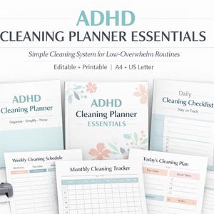 Planer sprzątania ADHD do druku, edytowalny harmonogram sprzątania, prosty segregator do resetowania domu, codzienna, cotygodniowa i miesięczna lista kontrolna sprzątania w formacie PDF