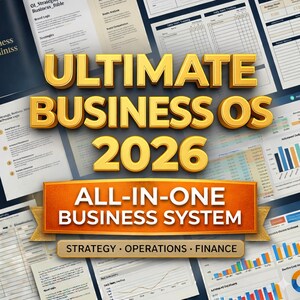 以下が含まれることがあります： ビジネスシステムのプロモーション画像。「ULTIMATE BUSINESS OS 2026」の文字が大きく、金色の3D文字で表示されています。その下に、オレンジ色のバナーで「ALL-IN-ONE BUSINESS SYSTEM」と「STRATEGY • OPERATIONS • FINANCE」と書かれています。