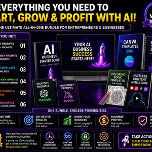 Complete AI business bundle with prompts templates guides bonus files and instant access for entrepreneurs and Etsy sellers